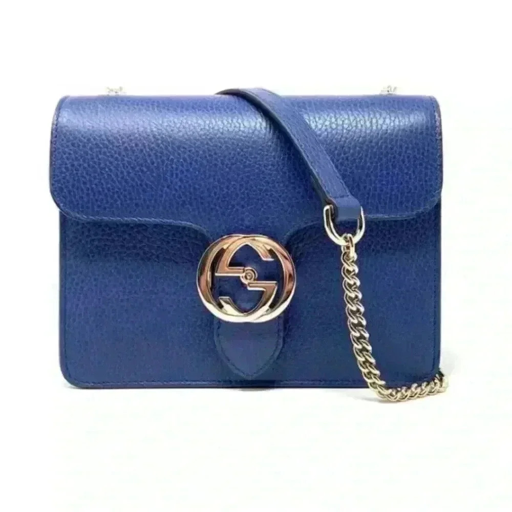 NWT Gucci Interlocking GG Blue Leather Medium Chain Shoulder Bag